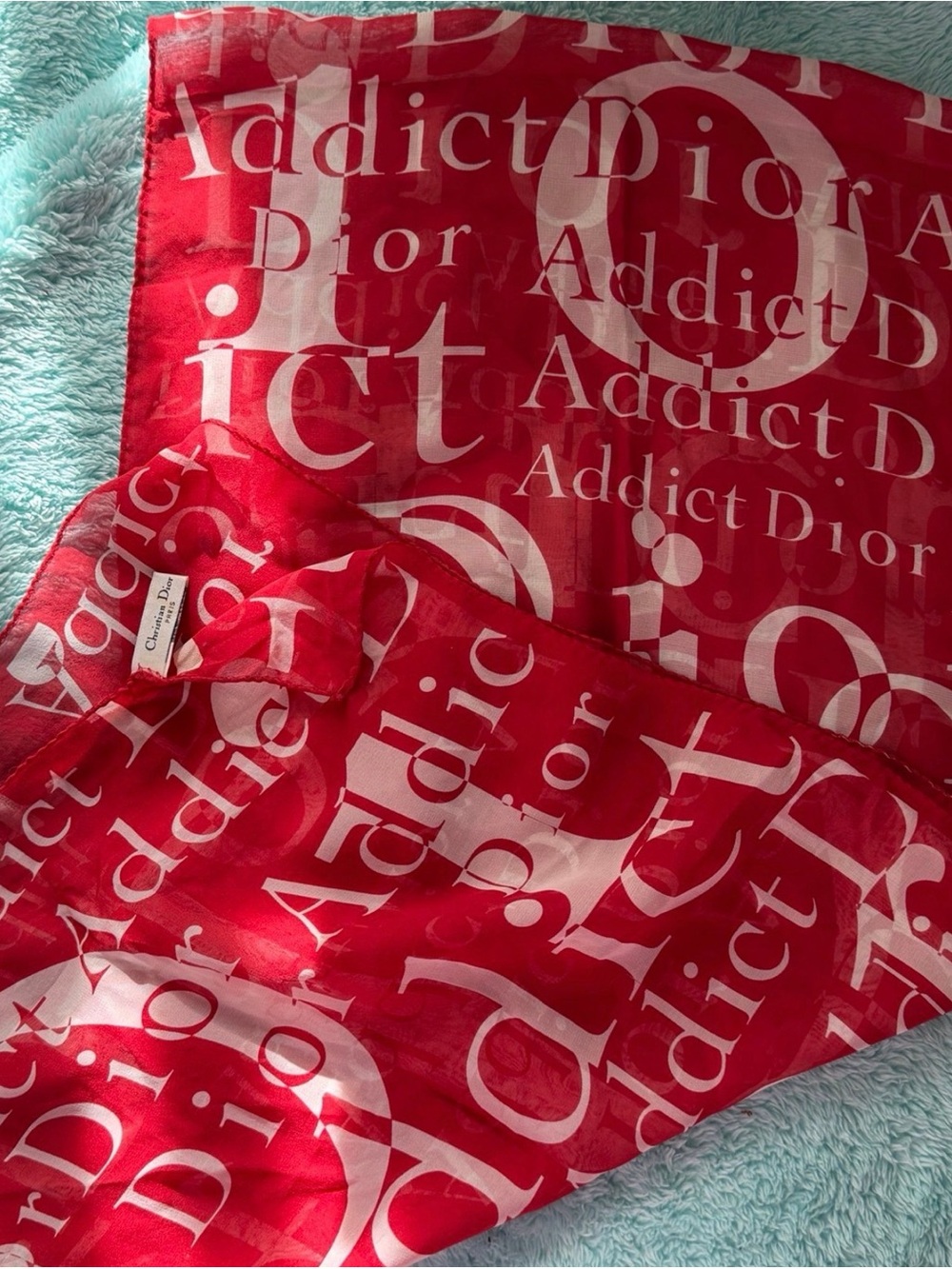 Christian Dior Red & White 'Addict' Logo 100% Silk Scarf
